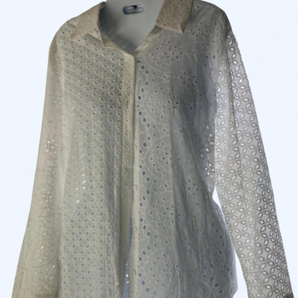 White sheer long sleeve eyelet blouse with button up front and collar M